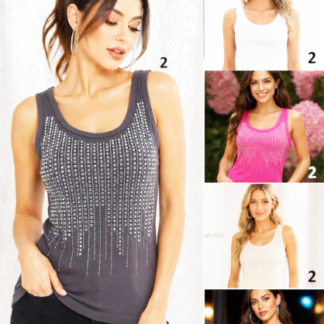 Women’s Rhinestone Embellished Scoop Neck Tank Top – Sparkly Sleeveless Casual Vest (C4432, Min 12pcs, Assorted Colors and Sizes)