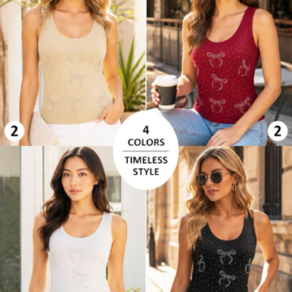 Women’s Rhinestone Embellished Scoop Neck Tank Top – Sparkly Sleeveless Casual Vest (C4897, Min 12pcs, Assorted Colors and Sizes)