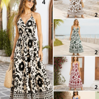 Women's Boho Floral Tiered Maxi Dress – V-Neck Halter Summer Sundress (JY5128, Min 12pcs, Assorted Colors and Sizes)