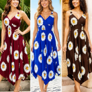 Summer Daisy Floral Spaghetti Strap Dress – Flowy Handkerchief Hem Midi Sundress for Beach, Vacation, and Casual Wear (JYZ5110, Min 12pcs, Assorted Colors and Sizes)