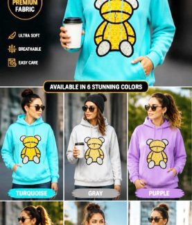 Oversized Women's Teddy Bear Graphic Hoodie (K0321, Min 12pcs, Assorted Colors and Sizes)
