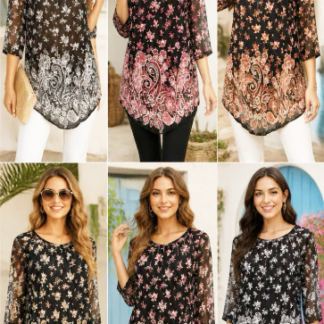 Boho Floral Paisley Border Print Mesh Tunic Blouse (K-0328, Min 12pcs, Assorted Colors and Sizes)