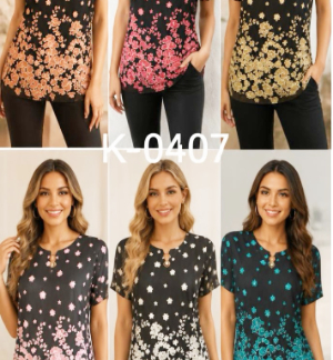 Women's Casual Short Sleeve Floral Tunic Top – Keyhole Split Neck Boho Summer Blouse (K-0407, Min 12pcs, Assorted Colors and Sizes)