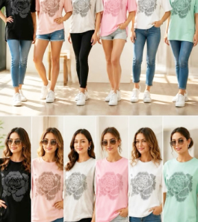 Floral Graphic Tee – Women's Casual Oversized Crewneck T-Shirt (K9711, Min 12pcs, Assorted Colors and Sizes)