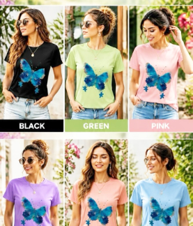 Women's Watercolor Butterfly Graphic Tee – Casual Short Sleeve Crewneck T-Shirt (K9586, Min 12pcs, Assorted Colors and Sizes)