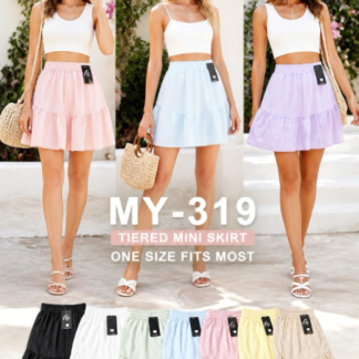 MY-319 High-Waisted Tiered Mini Skirt – One Size Fits Most Flared Summer Skirt (MY319, Min 12pcs, Assorted Colors and Sizes)