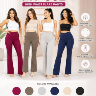 MY-382 Women’s High Waisted Tummy Control Flare Pants – 4-Way Stretch Comfort Fit Trousers (MY382, Min 12pcs, Assorted Colors and Sizes)