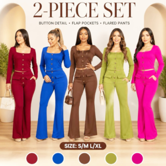 Women's 2-Piece Ribbed Knit Lounge Set – Square Neck Button-Up Crop Top & High-Waist Flared Pants (MY508, Min 12pcs, Assorted Colors and Sizes)