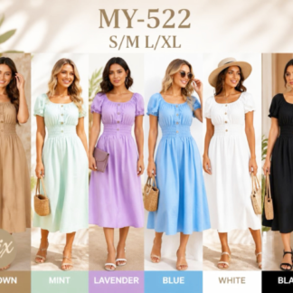 Cottagecore Smocked Waist Puff Sleeve Midi Dress with Buttons (MY522, Min 12pcs, Assorted Colors and Sizes)