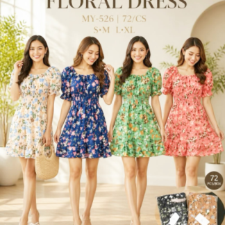 MY-526 Floral Smocked Puff-Sleeve Mini Dress (MY526, Min 12pcs, Assorted Colors and Sizes)