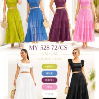Women’s Boho 2-Piece Maxi Skirt Set – Smocked Ruffle Crop Top & Tiered Long Skirt Outfits (MY528, Min 12pcs, Assorted Colors and Sizes)