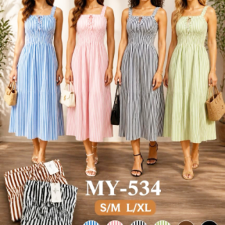 MY-534 Women's Striped Smocked Bodice Midi Dress (MY534, Min 12pcs, Assorted Colors and Sizes)