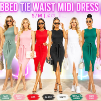 Sleeveless Ribbed Knit Tie-Waist Midi Dress – Flattering Body con Tank Dress with Front Slit (MY551, Min 12pcs, Assorted Colors and Sizes)