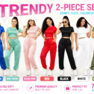 Women’s Casual 2-Piece Matching Lounge Set – Short Sleeve Crop Top and High-Waisted Cargo Sweatpants Sweatsuit (MY552, Min 12pcs, Assorted Colors and Sizes)