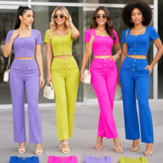 Women's 2-Piece Ribbed Matching Set - Button Front Short Sleeve Crop Top & High Waisted Wide Leg Pants (Style MY-555)(Min 12pcs, Assorted Colors and Sizes)