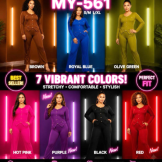 MY-561 Women's 2-Piece Matching Pant Set – Stretchy Button-Down Long Sleeve Ribbed Knit Set (MY561, Min 12pcs, Assorted Colors and Sizes)