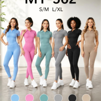 Sculpt & Flex 2-Piece Ribbed Activewear Set – Short Sleeve Polo Top & High-Waist Leggings Matching Set (MY562, Min 12pcs, Assorted Colors and Sizes)