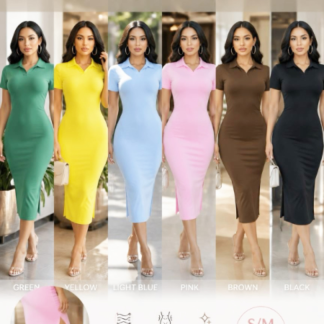 Women’s Short Sleeve Polo Midi Dress – Stretchy Ribbed Bodycon Casual Dress (MY564, Min 12pcs, Assorted Colors and Sizes)