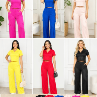 Trendy 2-Piece Collared Crop Top and Wide-Leg Cargo Pants Set (MY565, Min 12pcs, Assorted Colors and Sizes)