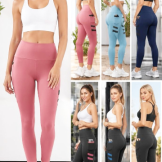 High-Waisted Pocket Leggings – Athleisure Yoga Pants with Side Straps (Q-1951, Min 12pcs, Assorted Colors and Sizes)