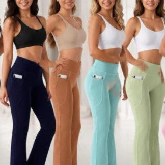 Women's High-Waisted Flare Yoga Pants with Side Pockets (Q-1984, Min 12pcs, Assorted Colors and Sizes)