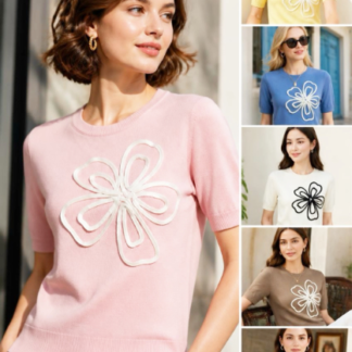 Petal Perfect Ribbon-Stitched Flower Knit Tee – Elegant Short Sleeve Sweater (T4890, Min 12pcs, Assorted Colors and Sizes)