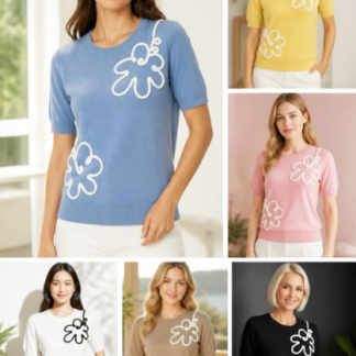 Women's Crewneck Knit Top with Dimensional Floral Cord Embroidery (T4891, Min 12pcs, Assorted Colors and Sizes)