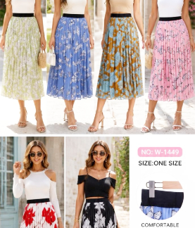 High-Waisted Floral Pleated Midi Skirt – Flowy A-Line Fit (W1449, Min 12pcs, Assorted Colors)