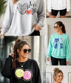 Trendy Women's Graphic Crewneck Sweatshirt – Cozy Fleece Pullover Collection (W4221, Min 12pcs, Assorted Colors and Sizes)