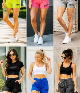 Women’s High-Waisted Drawstring Lounge Shorts – Cute "LOVE" Graphic Athletic Sweat Shorts with Pockets (W7509, Min 12pcs, Assorted Colors and Sizes)