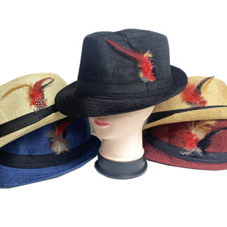 FDH805-Linen Short Brim with Feather Fedora Hat (Dozen Color Assorted)