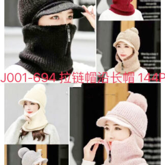 J001-694-Winter Hat with Neck Scarf with Zipper (Sold by the Dozen, Assorted Colors)