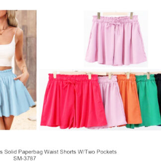 SM-3787-Lady Solid Paper bag Waist Shorts W/Two Pockets (Assorted Colors and Sizes)
