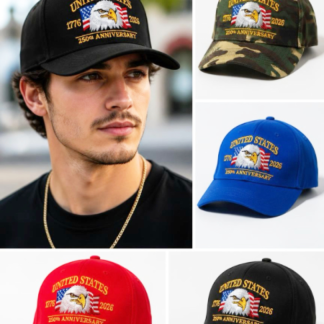 250th Anniversary Patriotic Baseball Cap featuring detailed embroidery of a bald eagle against an American flag (CP201