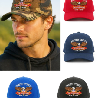 commemorative United States 250th anniversary hats feature embroidered bald eagle designs with the dates 1776–2026 (CP250A, Sold by the Dozen, Assorted Colors)
