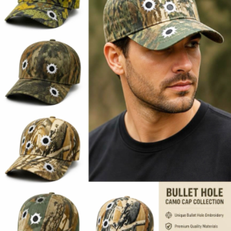 Woodland Camouflage Baseball Hat features embroidered bullet hole details and an adjustable strap (CP5051, Sold by the Dozen, Assorted Colors)