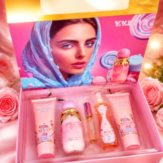 V.V. LOVE Marshmallow Blush bath set contains a perfume bottle with floral accents, lotion, and body spray (VL7743,Min 6pcs, Case Price Available)
